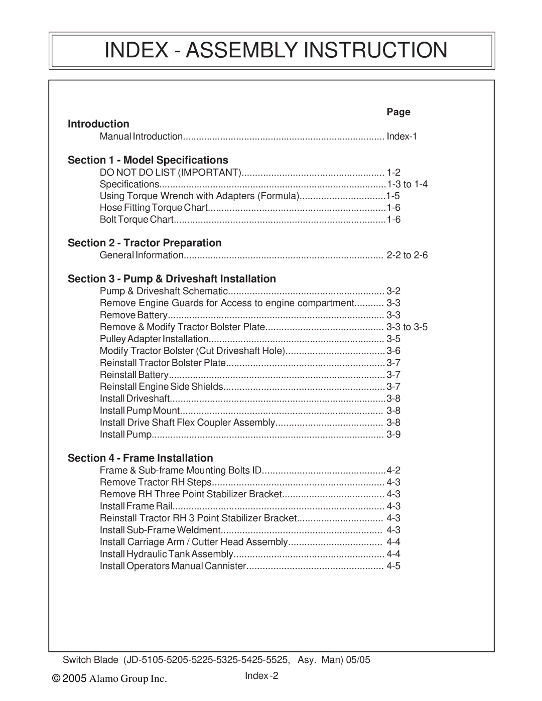 Alamo JD-5525, JD-5425, JD-5225, JD-5205, JD-5105, JD-5325 manual Index Assembly Instruction, Model Specifications 