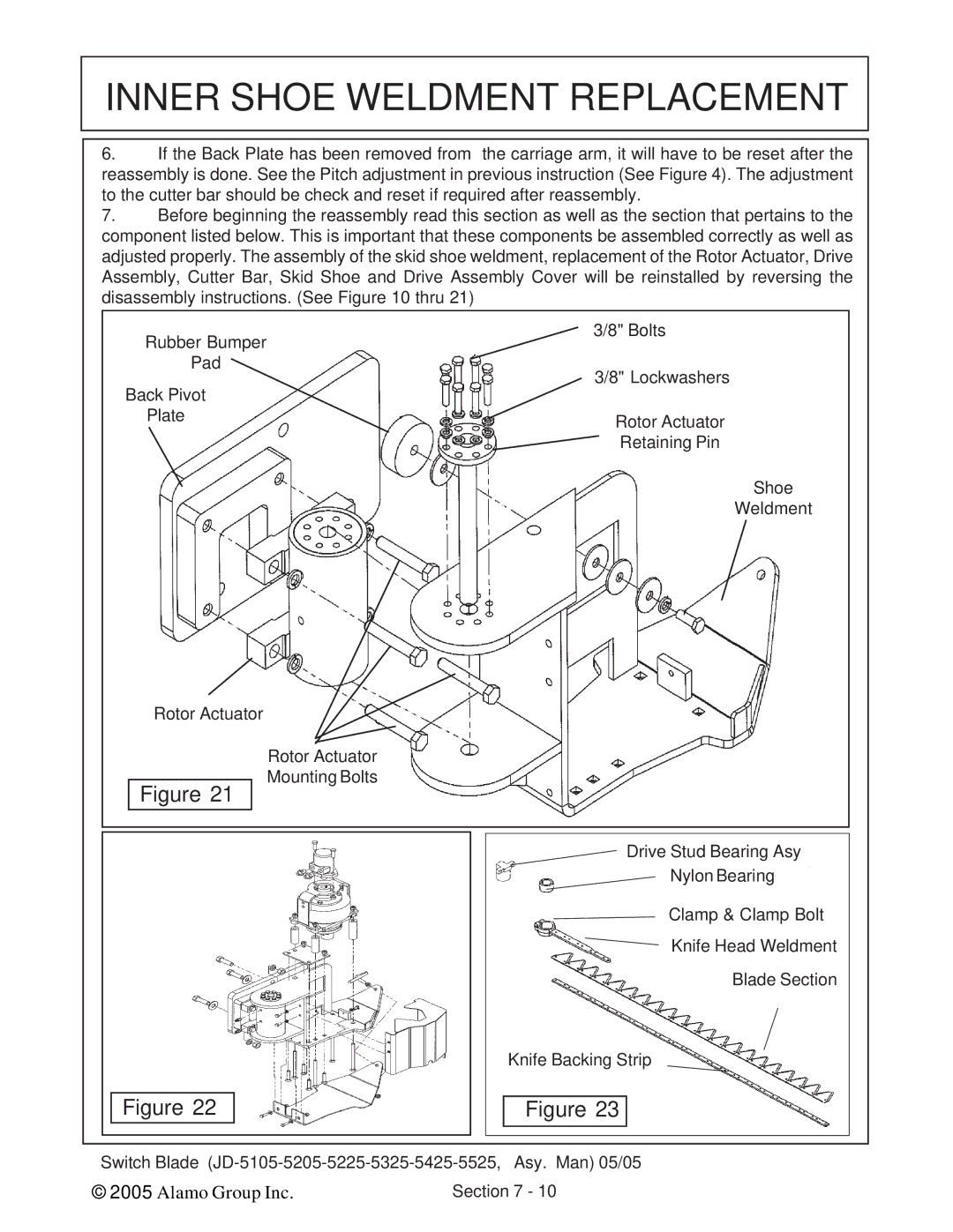 Alamo JD-5105, JD-5525, JD-5425, JD-5225, JD-5205, JD-5325 manual Inner Shoe Weldment Replacement 