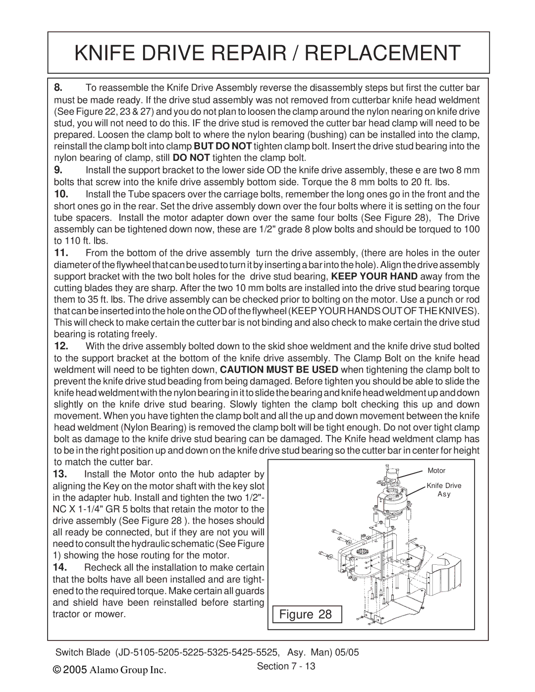 Alamo JD-5425, JD-5525, JD-5225, JD-5205, JD-5105, JD-5325 manual Knife Drive Repair / Replacement 