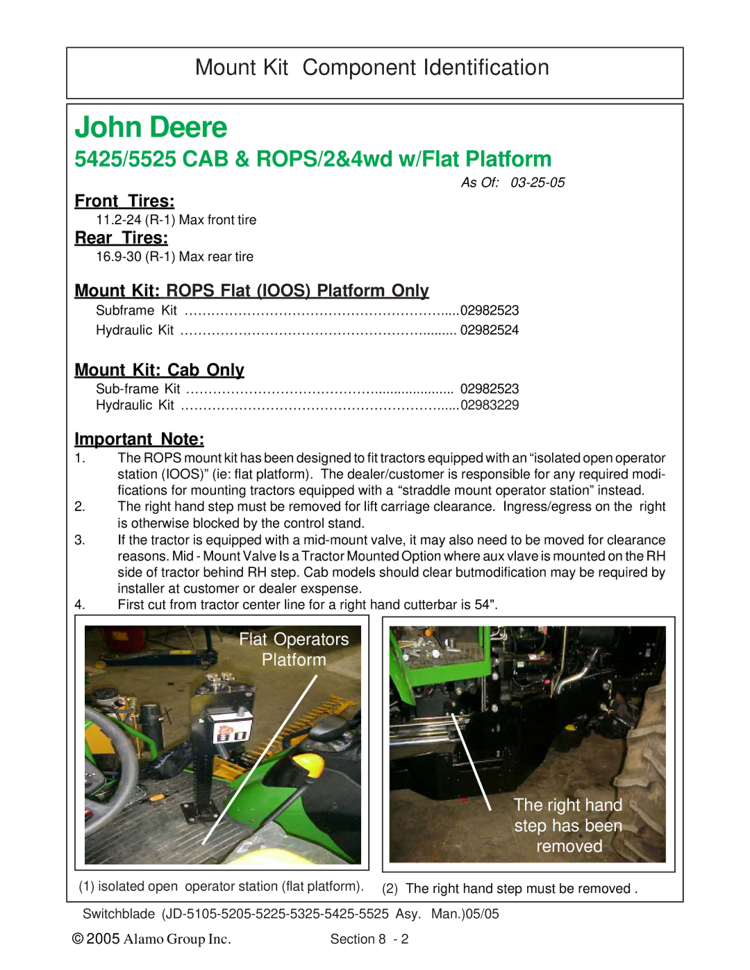 Alamo JD-5105, JD-5525, JD-5425, JD-5225, JD-5205 Mount Kit Component Identification, Mount Kit Rops Flat Ioos Platform Only 