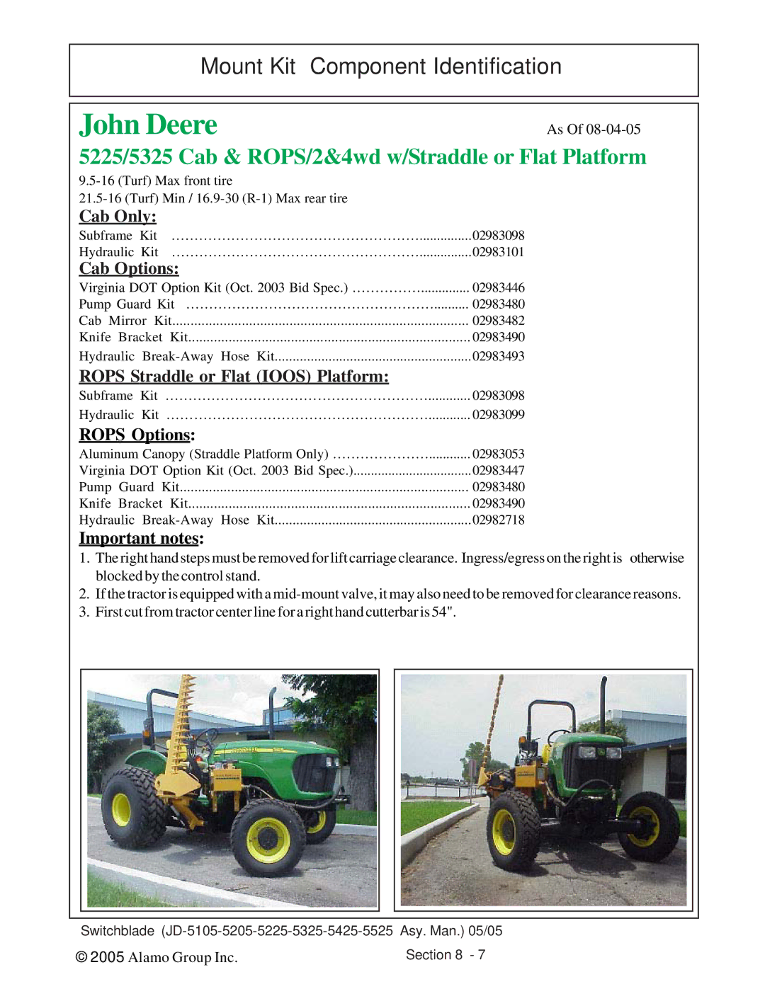 Alamo JD-5205, JD-5525, JD-5425, JD-5225, JD-5105, JD-5325 manual John Deere 