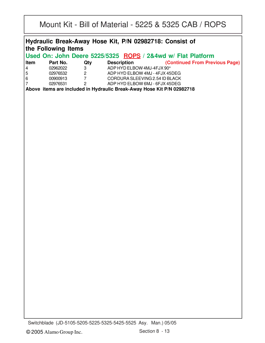 Alamo JD-5205, JD-5525, JD-5425, JD-5225, JD-5105, JD-5325 manual ADP HYD Elbow 4MJ 4FJX 45DEG 