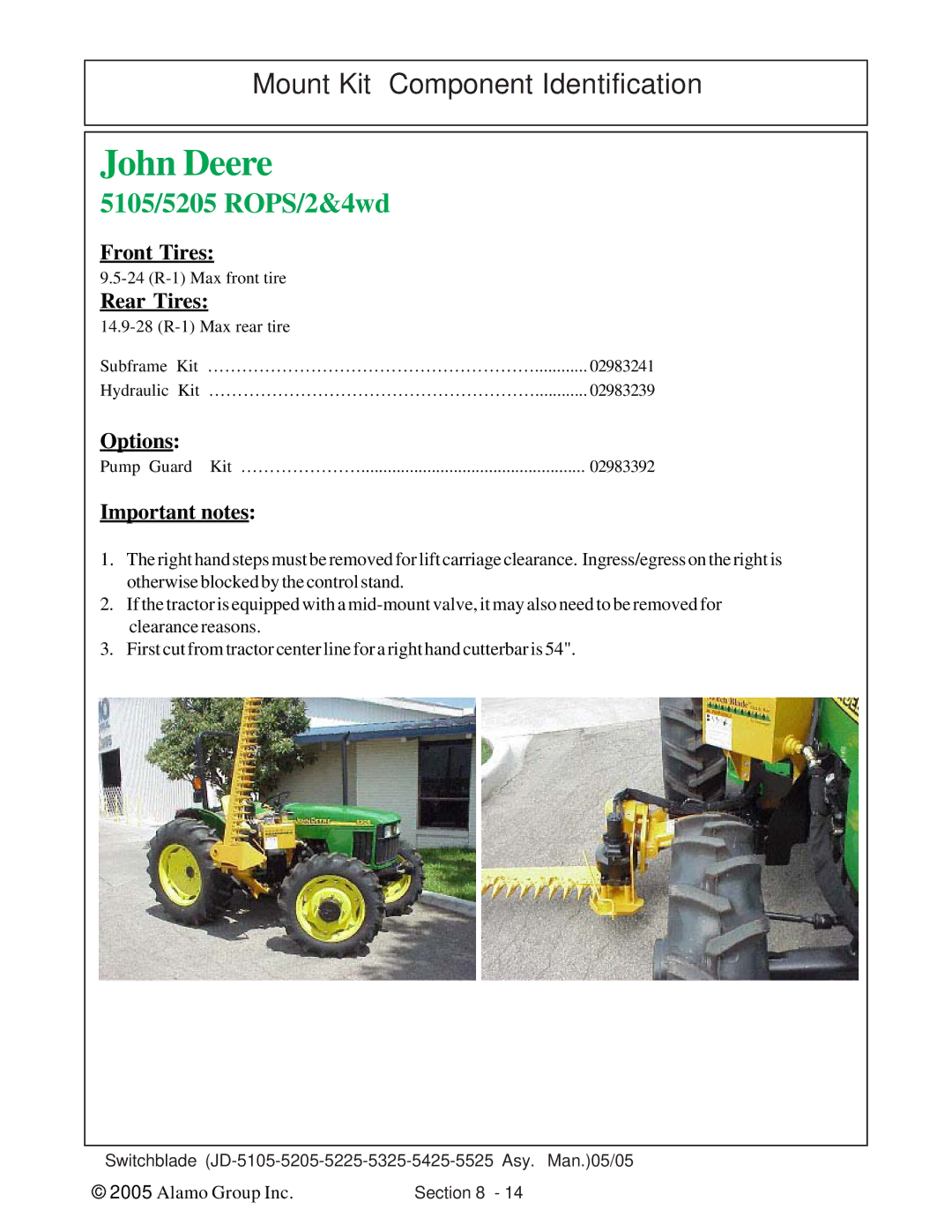 Alamo JD-5105, JD-5525, JD-5425, JD-5225, JD-5205, JD-5325 manual 5105/5205 ROPS/2&4wd 