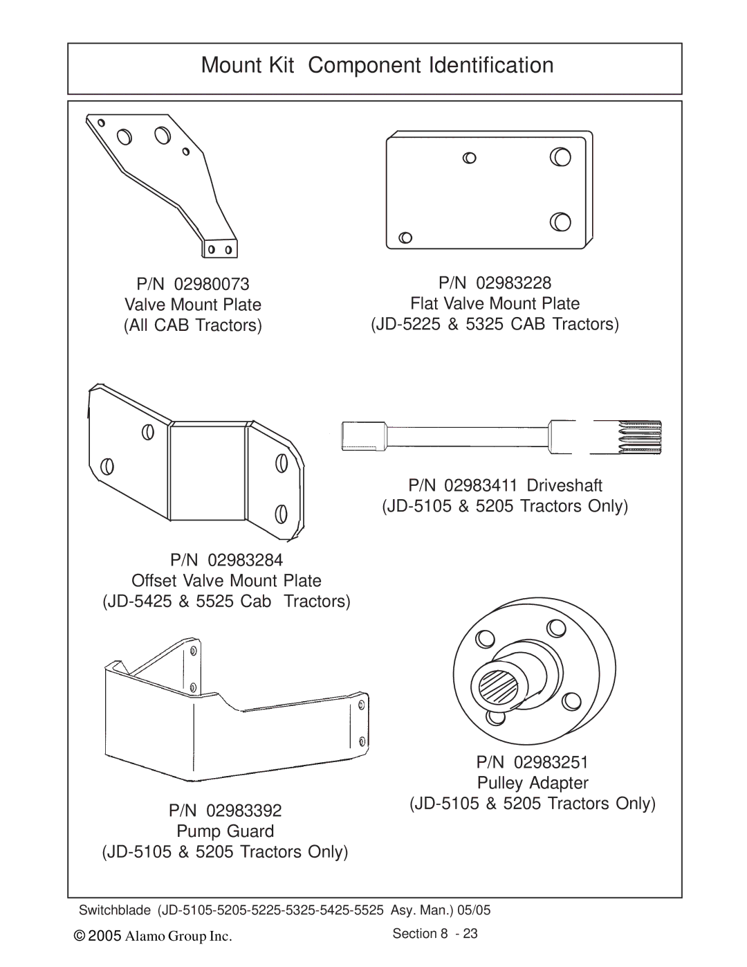 Alamo JD-5425, JD-5525, JD-5225, JD-5205, JD-5105, JD-5325 manual Mount Kit Component Identification 