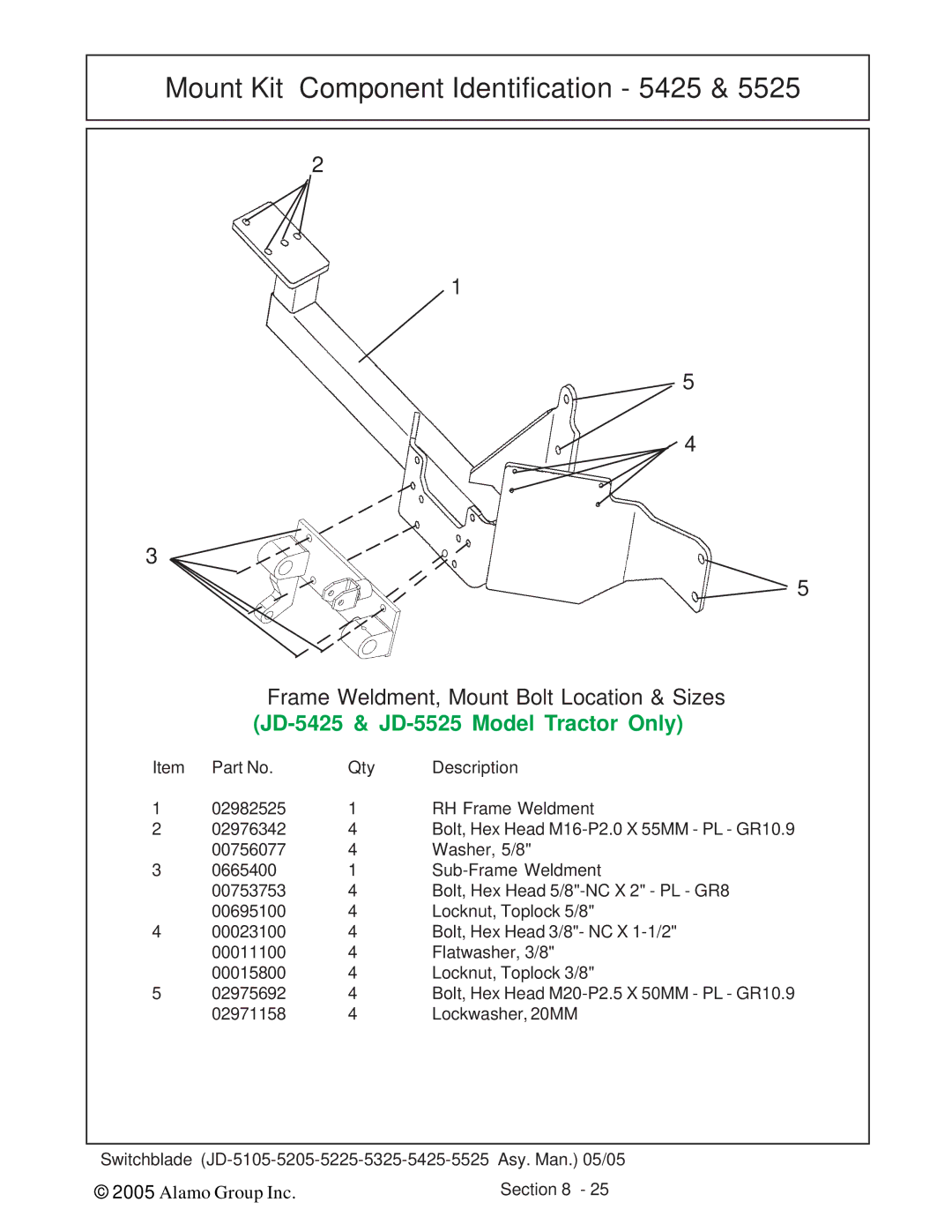 Alamo JD-5205, JD-5225, JD-5105, JD-5325 manual JD-5425 & JD-5525 Model Tractor Only 