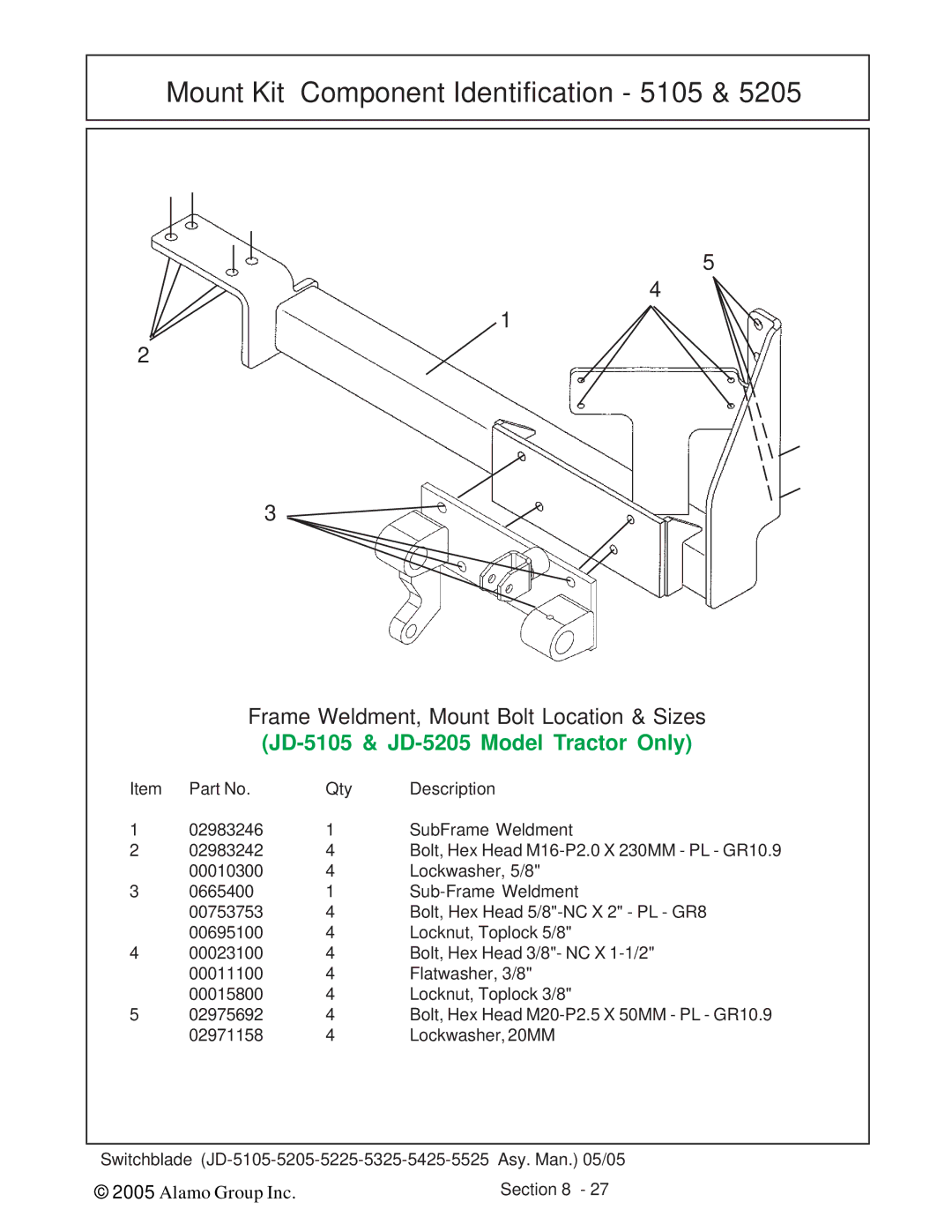 Alamo JD-5325, JD-5525, JD-5425, JD-5225 manual Mount Kit Component Identification 5105, JD-5105 & JD-5205 Model Tractor Only 