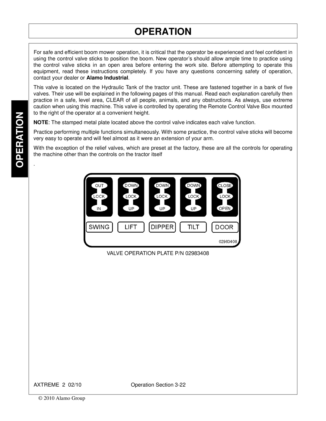 Alamo Lawn Mower manual Valve Operation Plate P/N 