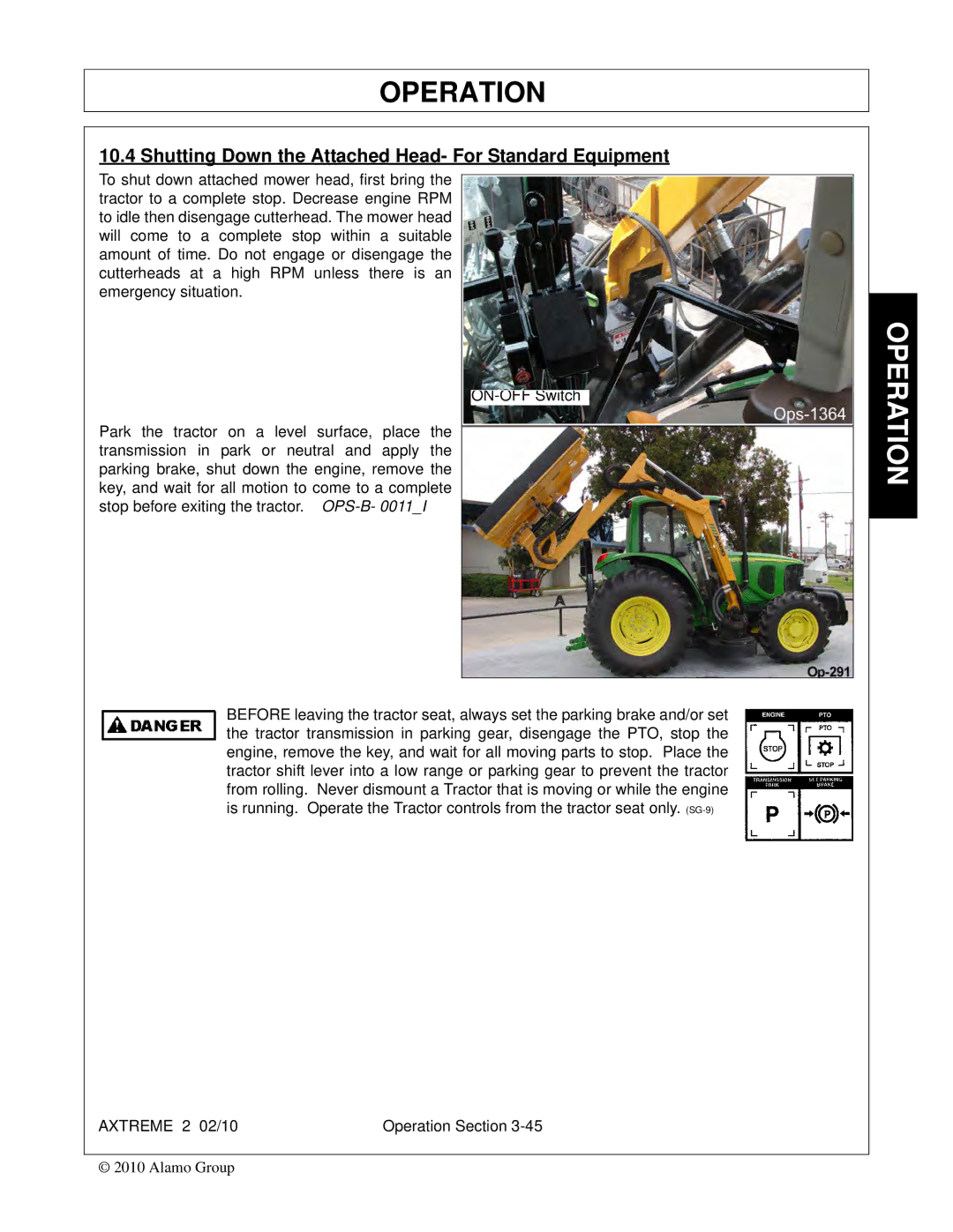 Alamo Lawn Mower manual Shutting Down the Attached Head- For Standard Equipment 