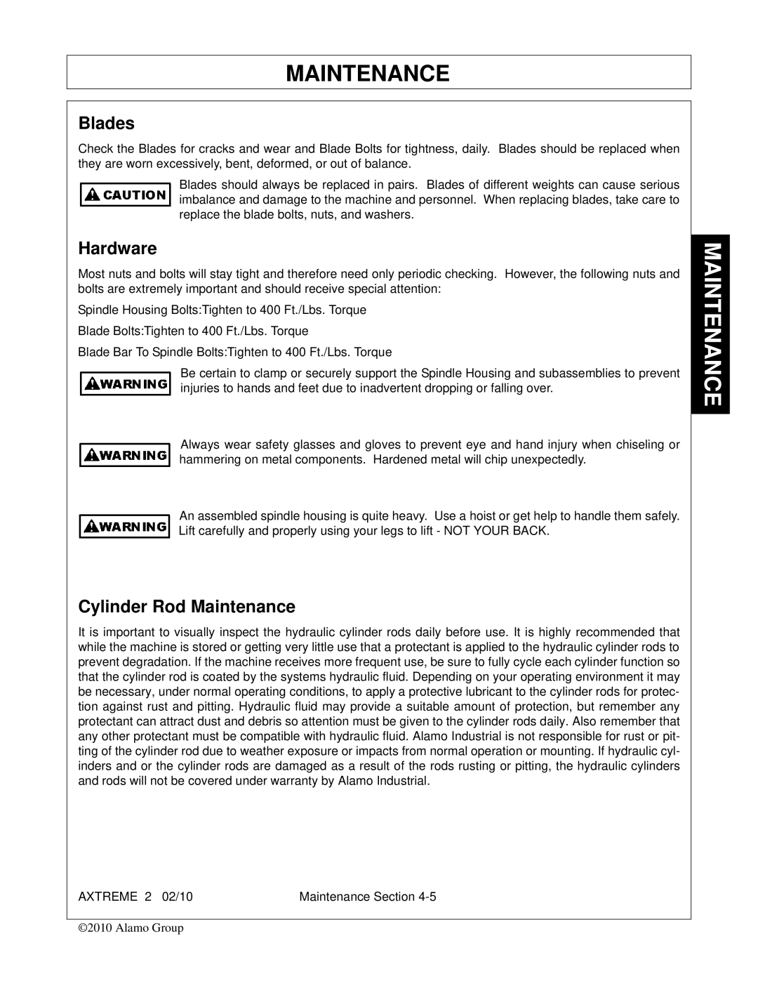 Alamo Lawn Mower manual Blades, Hardware, Cylinder Rod Maintenance 