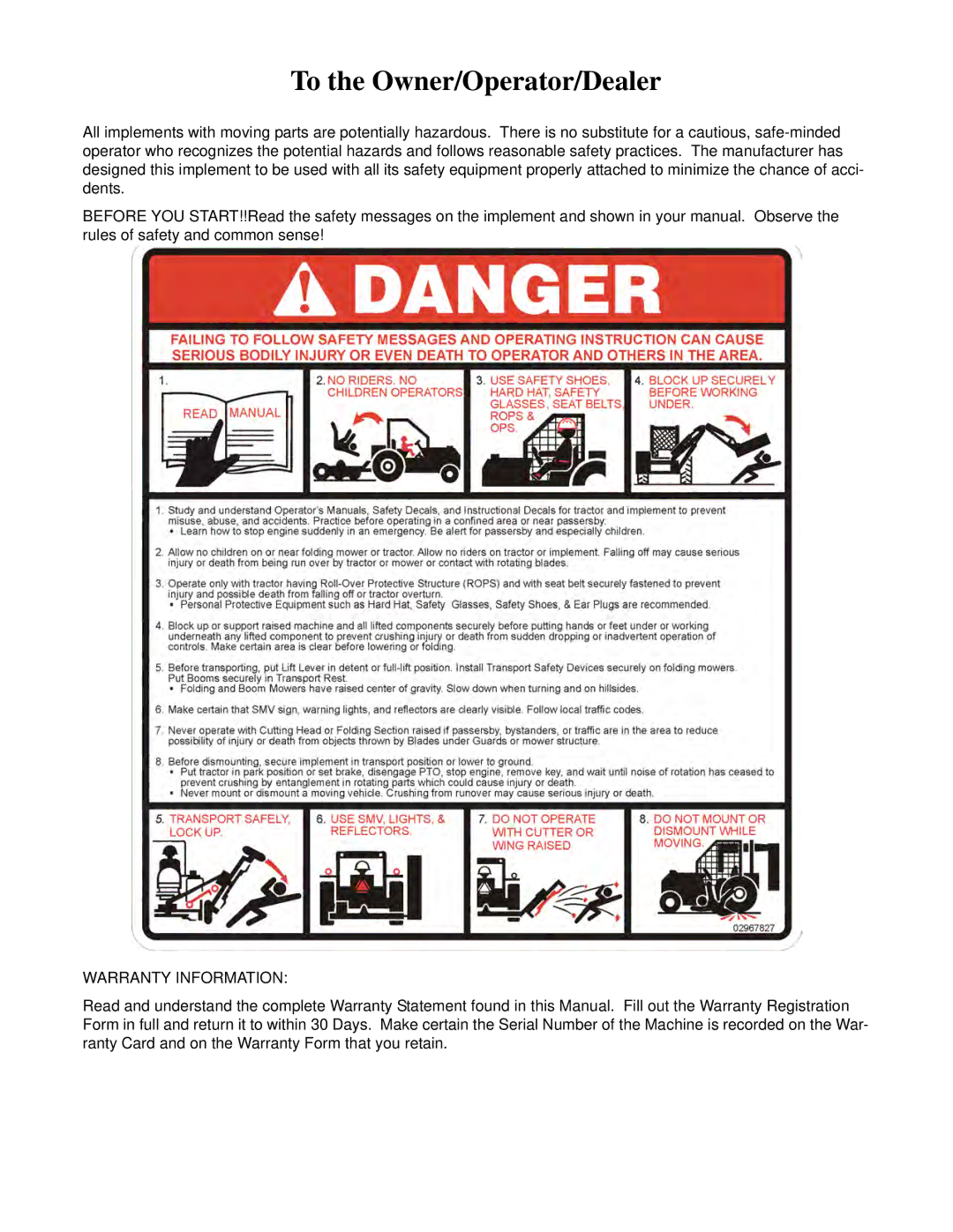 Alamo Lawn Mower manual To the Owner/Operator/Dealer, Warranty Information 