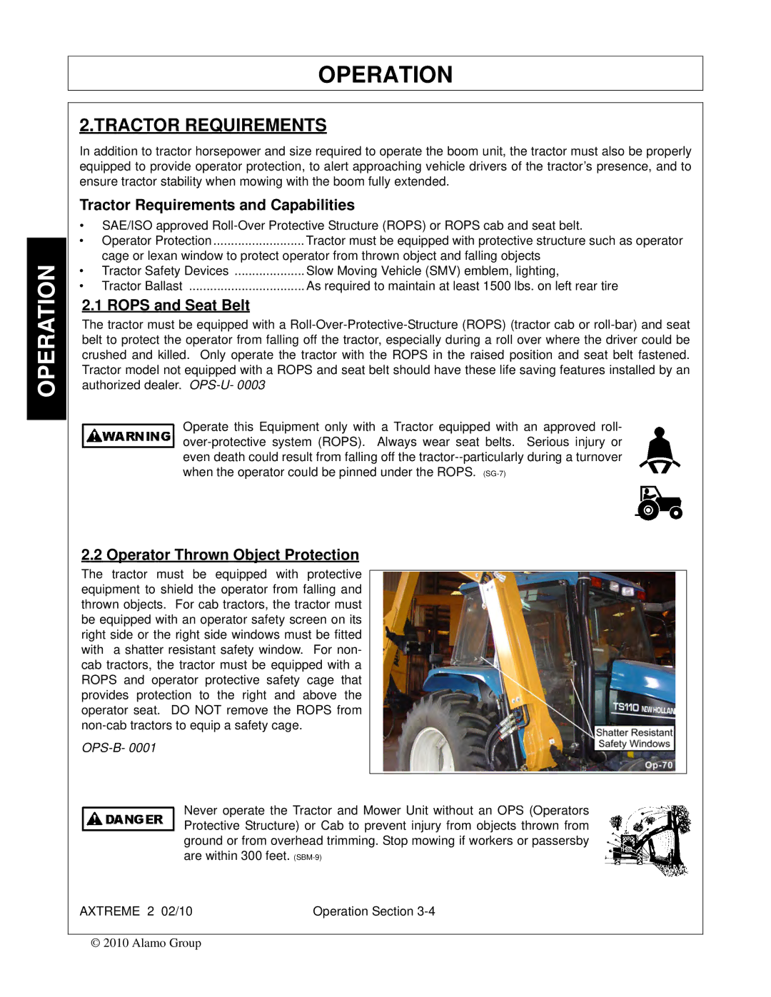 Alamo Lawn Mower manual Tractor Requirements and Capabilities, Rops and Seat Belt, Operator Thrown Object Protection 