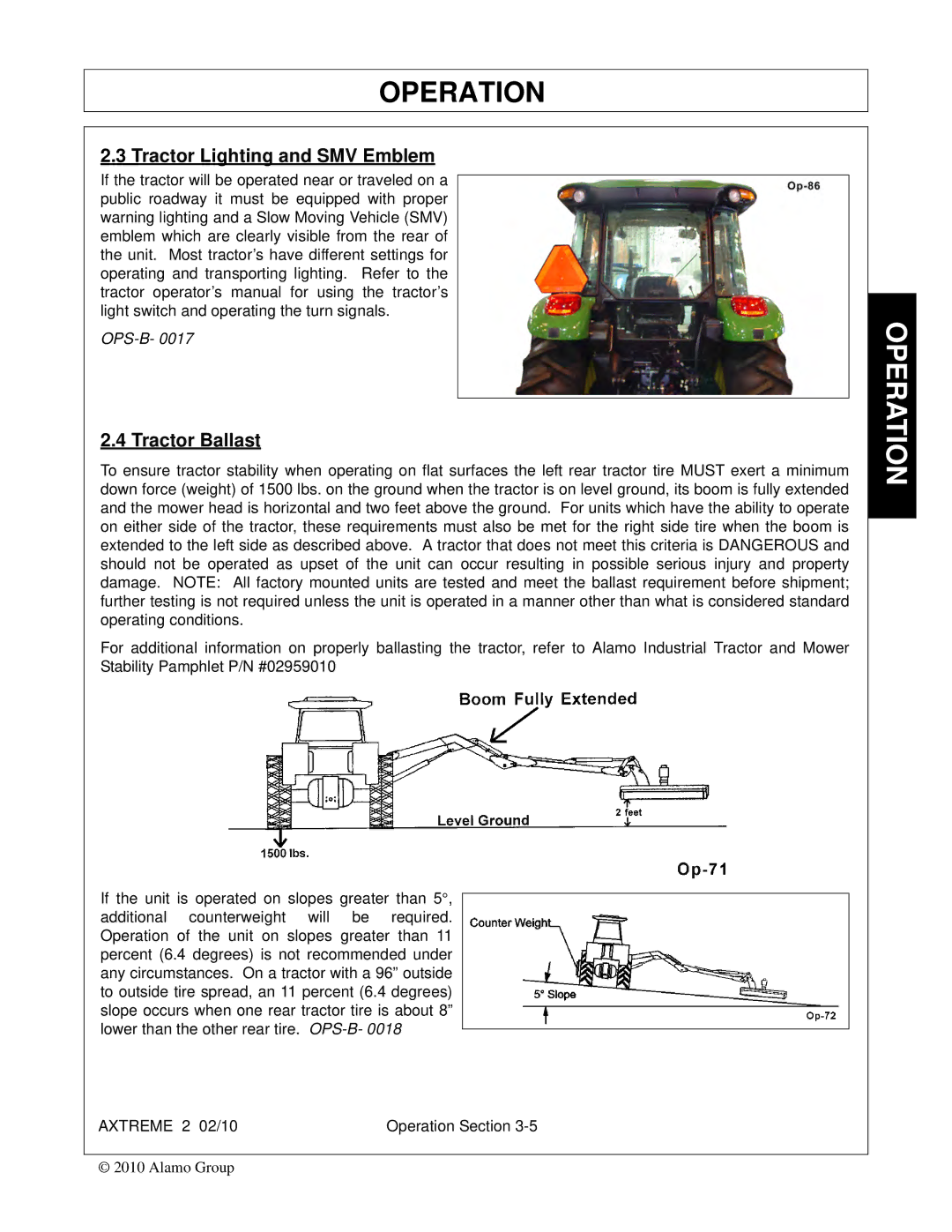 Alamo Lawn Mower manual Tractor Lighting and SMV Emblem, Tractor Ballast 