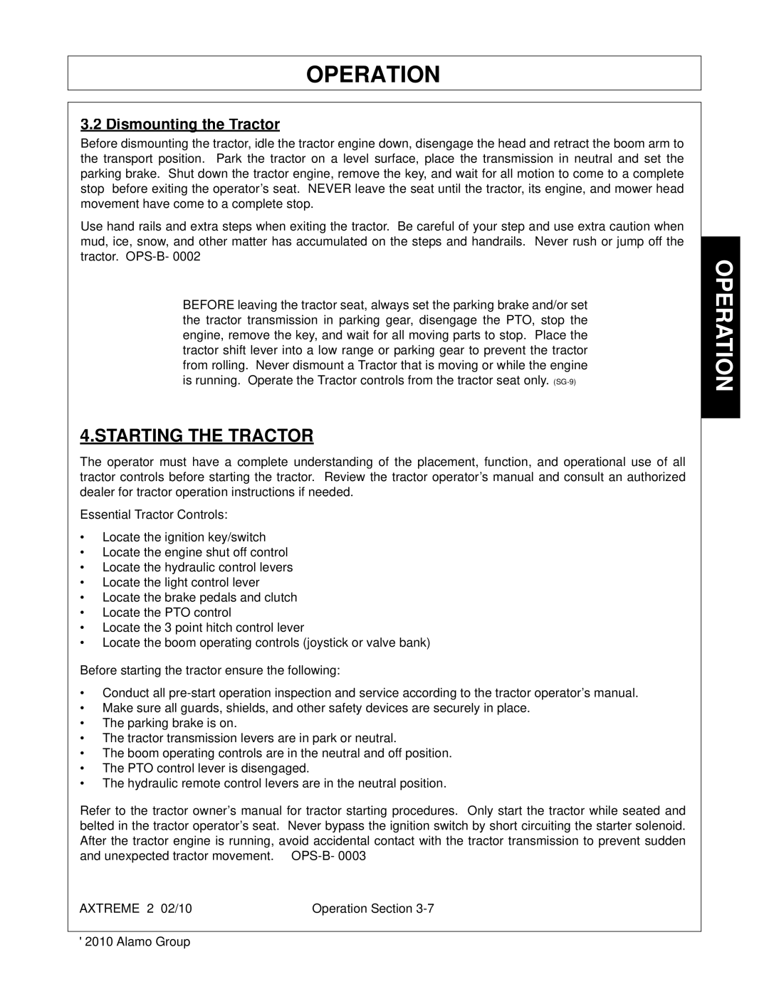 Alamo Lawn Mower manual Starting the Tractor, Dismounting the Tractor 