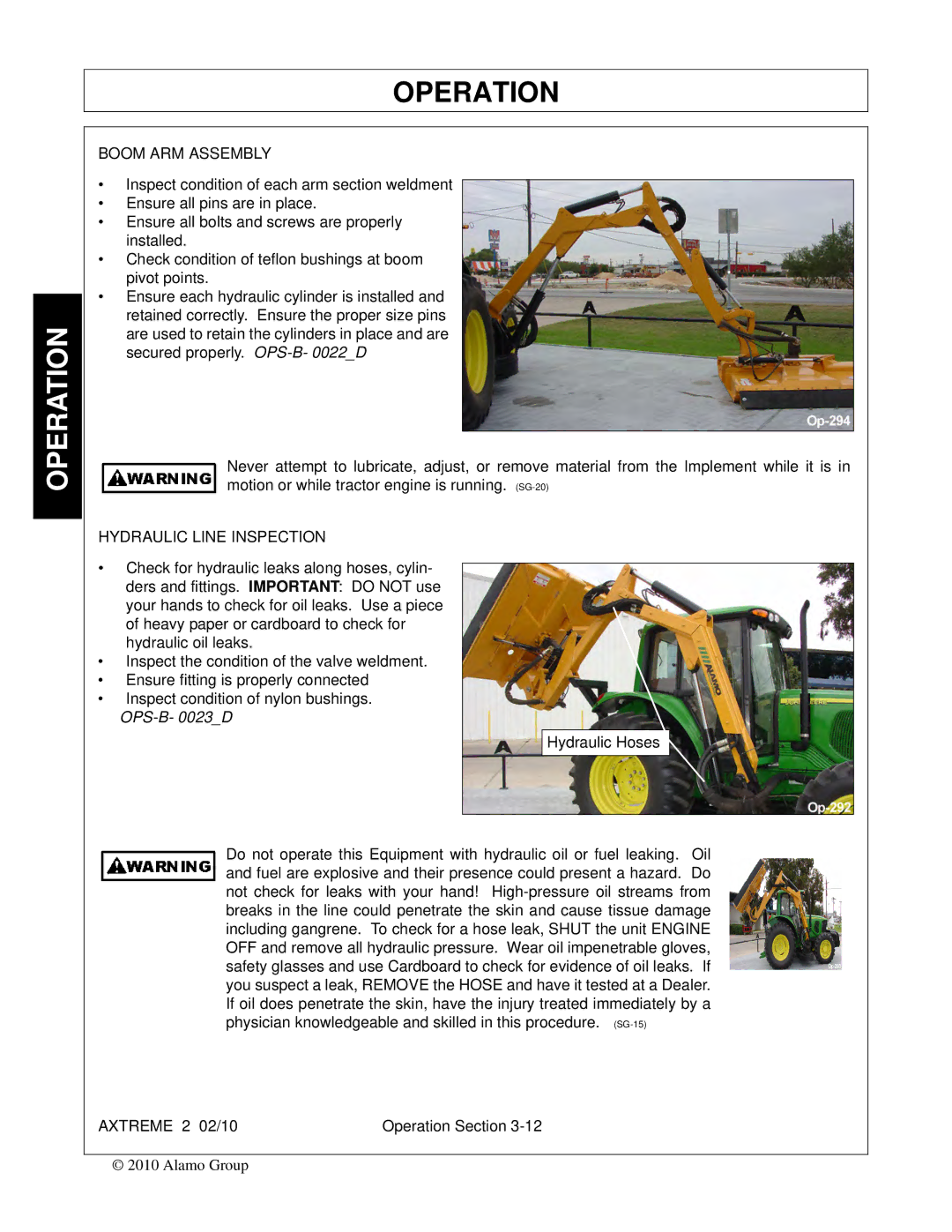 Alamo Lawn Mower manual Boom ARM Assembly, Hydraulic Line Inspection 