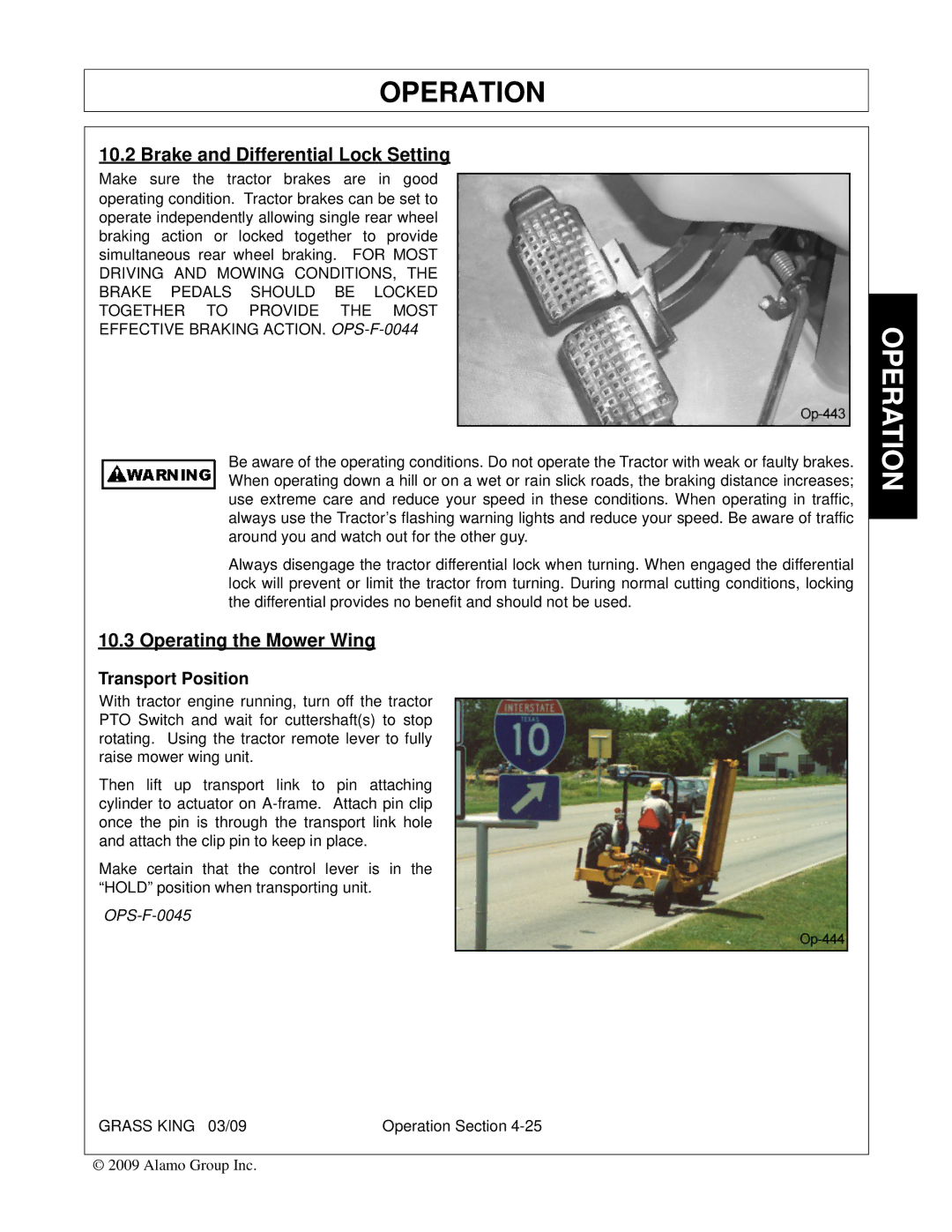 Alamo none manual Brake and Differential Lock Setting, Operating the Mower Wing 