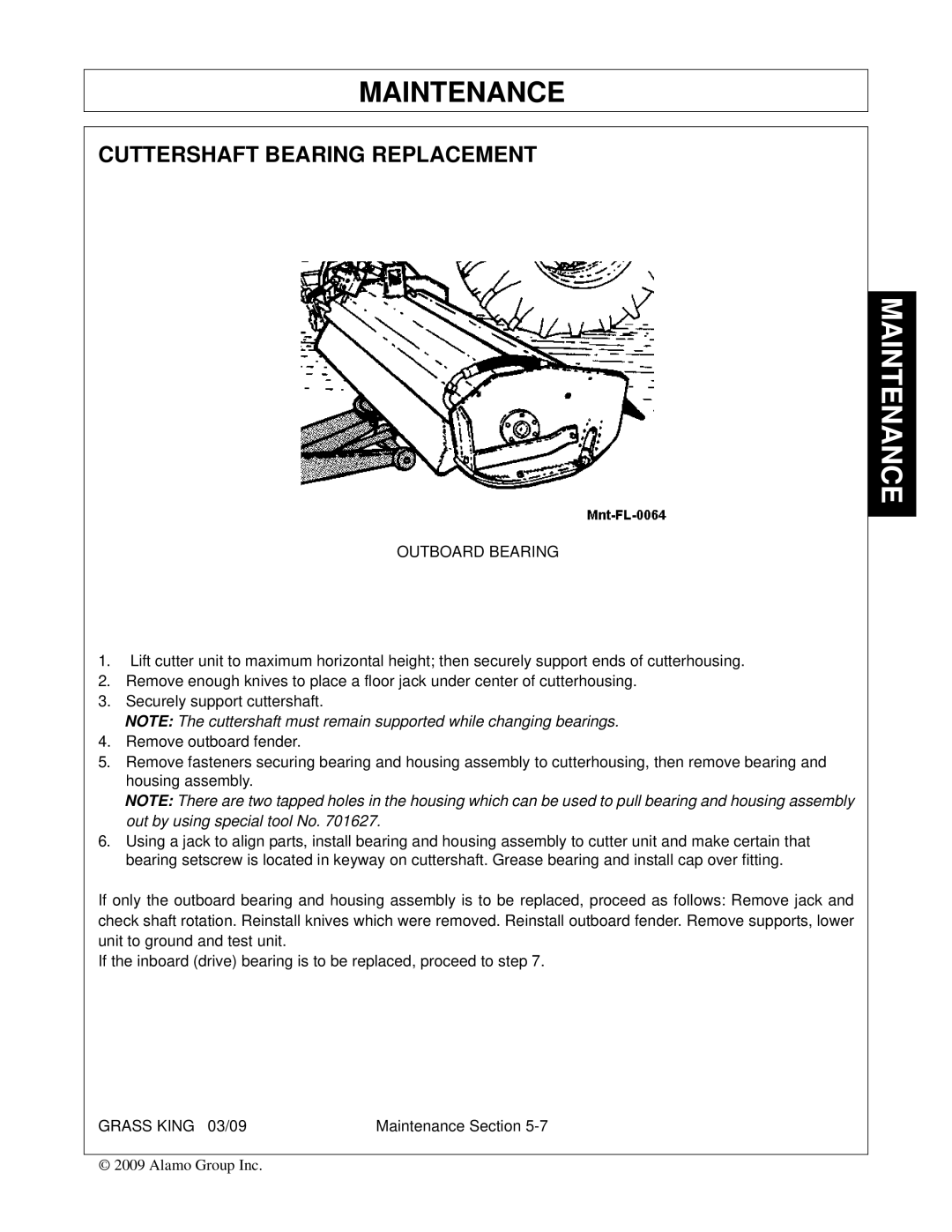 Alamo none manual Cuttershaft Bearing Replacement, Outboard Bearing 