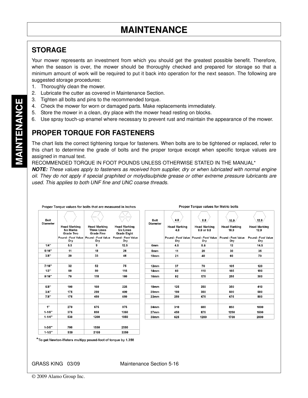 Alamo none manual Storage, Proper Torque for Fasteners 