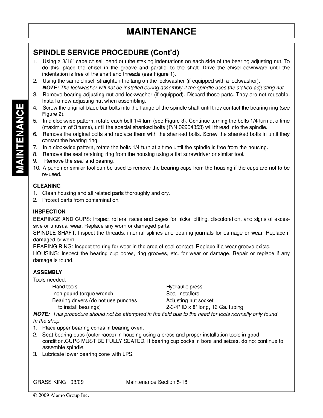 Alamo none manual Spindle Service Procedure Cont’d, Inspection 