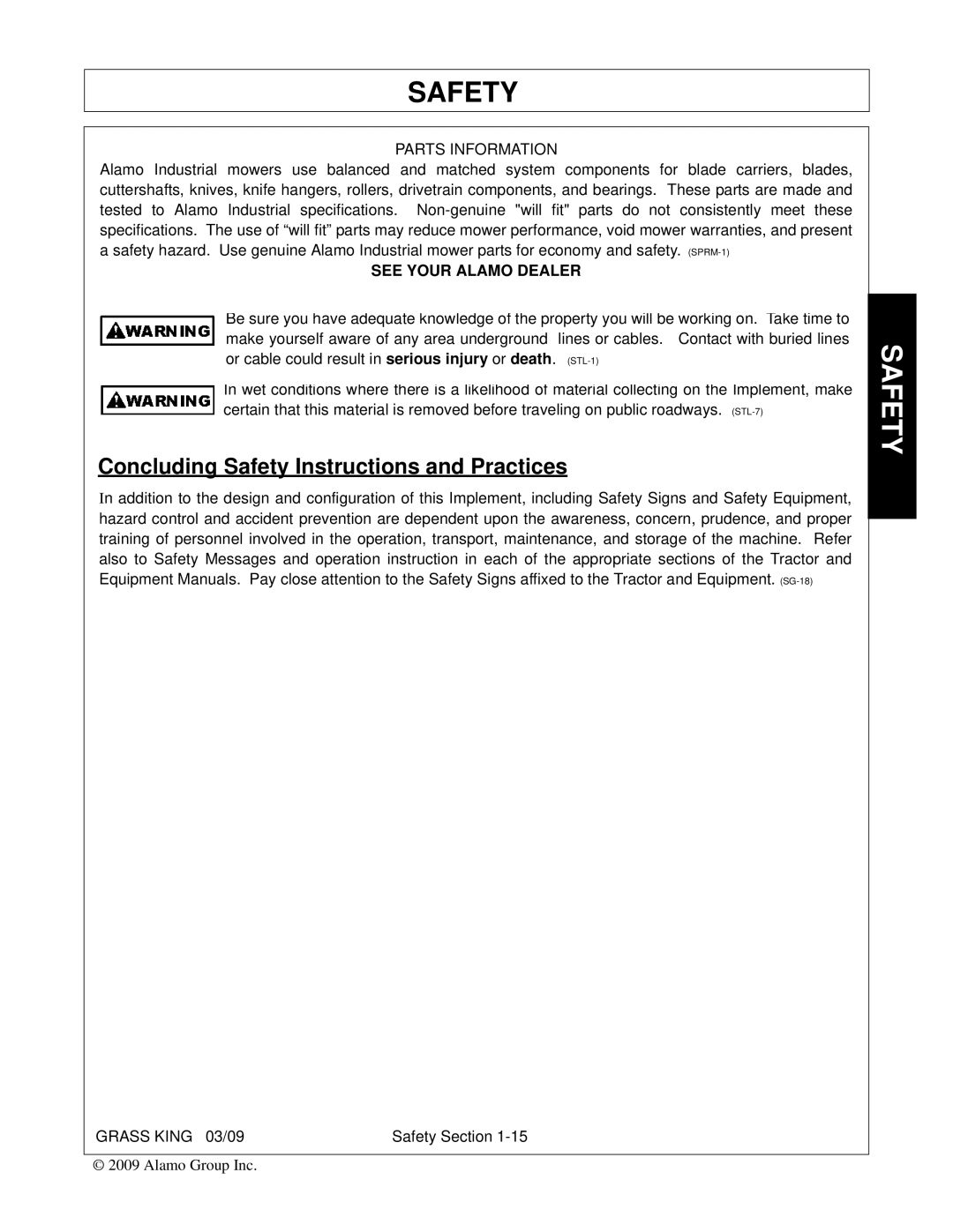 Alamo none manual Concluding Safety Instructions and Practices, Parts Information 