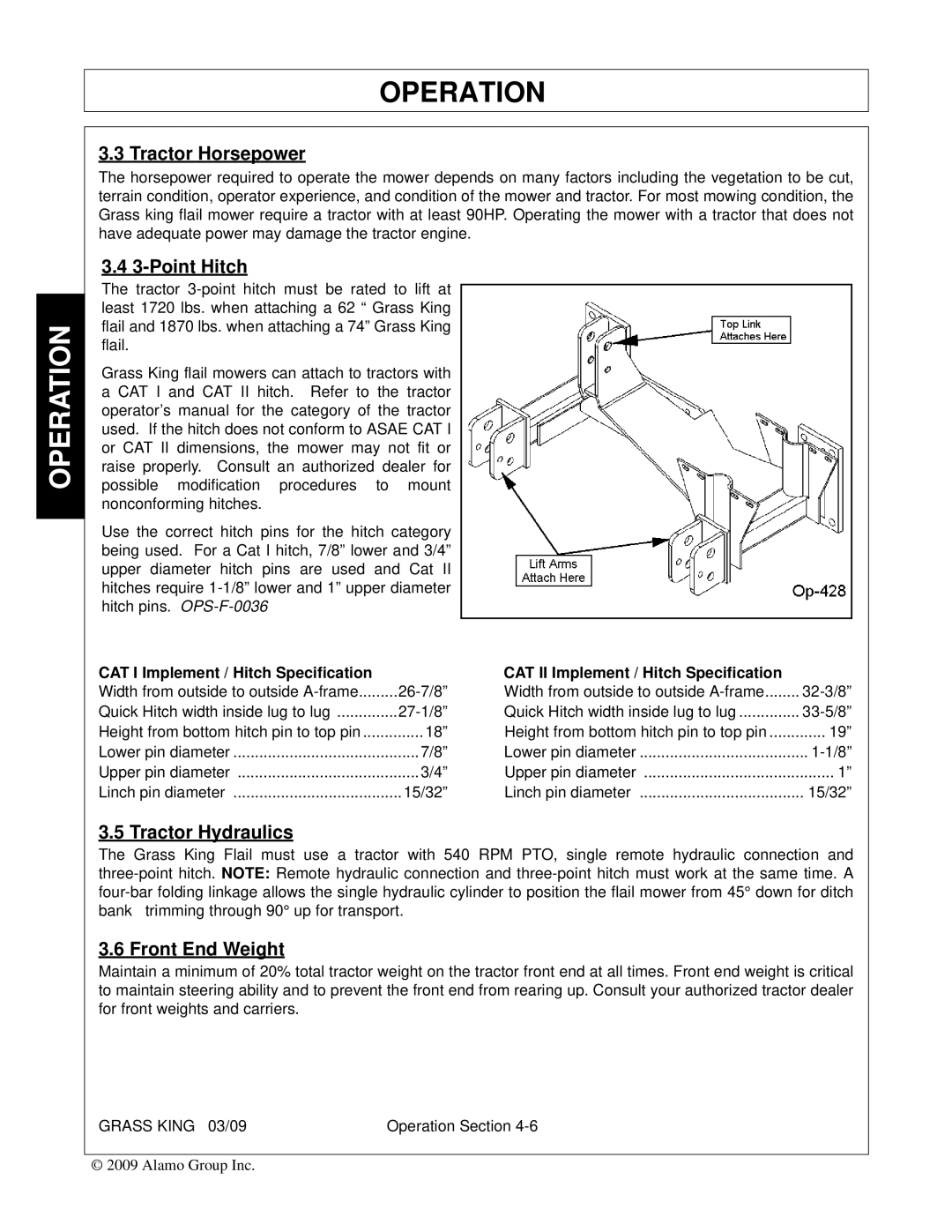 Alamo none manual Tractor Horsepower, Point Hitch, Tractor Hydraulics, Front End Weight 