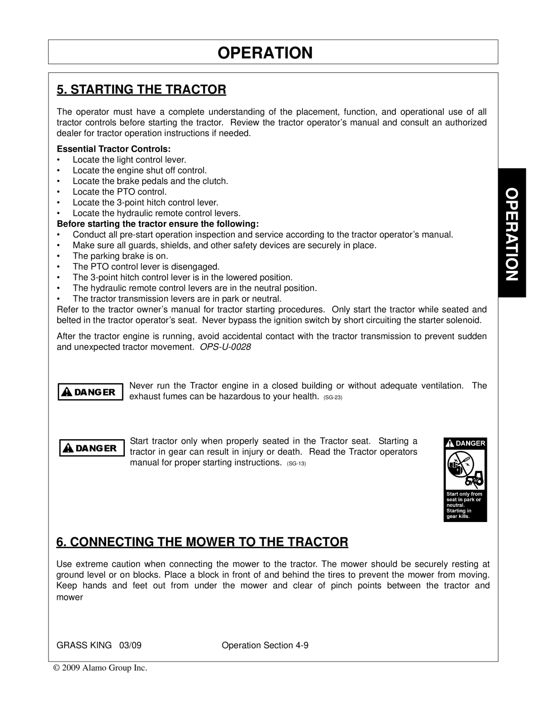 Alamo none manual Starting the Tractor, Connecting the Mower to the Tractor 