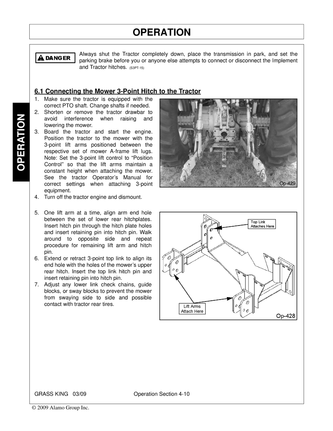 Alamo none manual Connecting the Mower 3-Point Hitch to the Tractor 