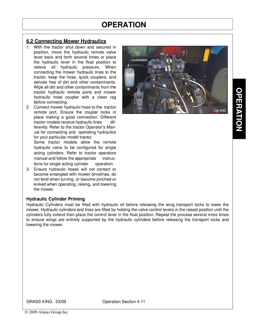 Alamo none manual Connecting Mower Hydraulics, Hydraulic Cylinder Priming 