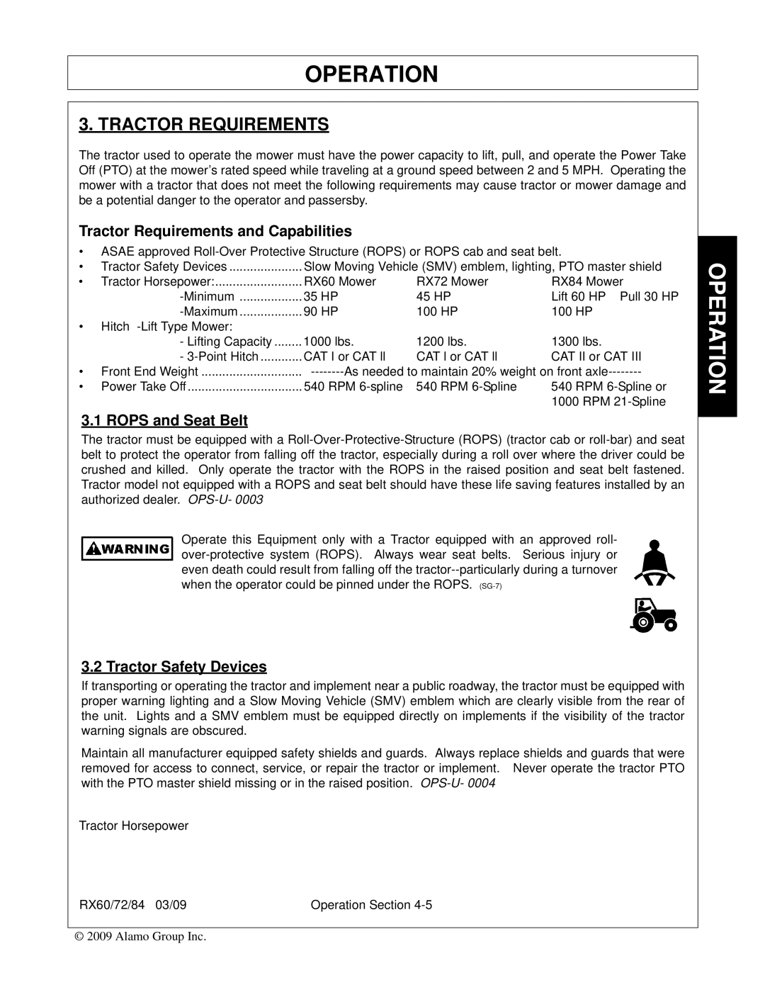 Alamo RX72, RX84, RX60, 00785503C manual Tractor Requirements and Capabilities, Rops and Seat Belt, Tractor Safety Devices 