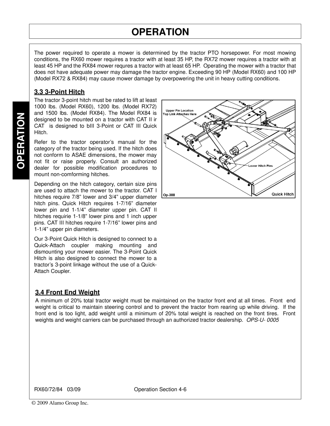 Alamo RX60, RX84, RX72, 00785503C manual Point Hitch, Front End Weight 