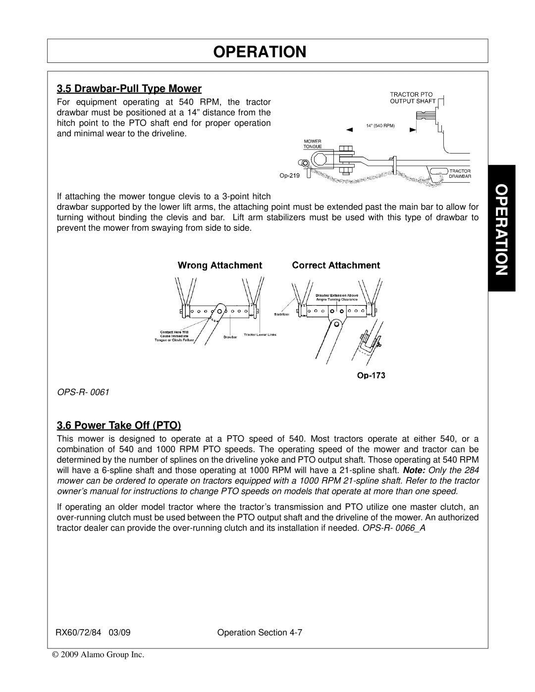 Alamo 00785503C, RX84, RX72, RX60 manual Drawbar-Pull Type Mower, Power Take Off PTO 