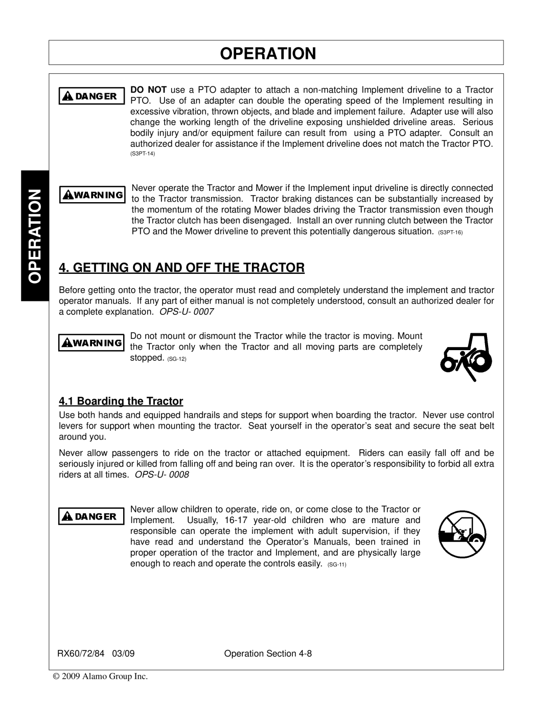 Alamo RX84, RX72, RX60, 00785503C manual Getting on and OFF the Tractor, Boarding the Tractor 