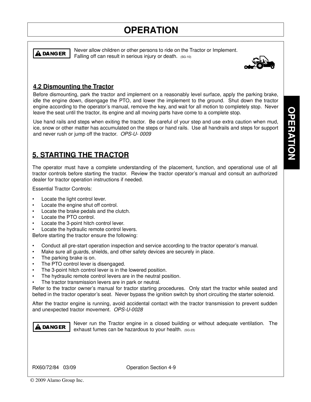 Alamo RX72, RX84, RX60, 00785503C manual Starting the Tractor, Dismounting the Tractor 