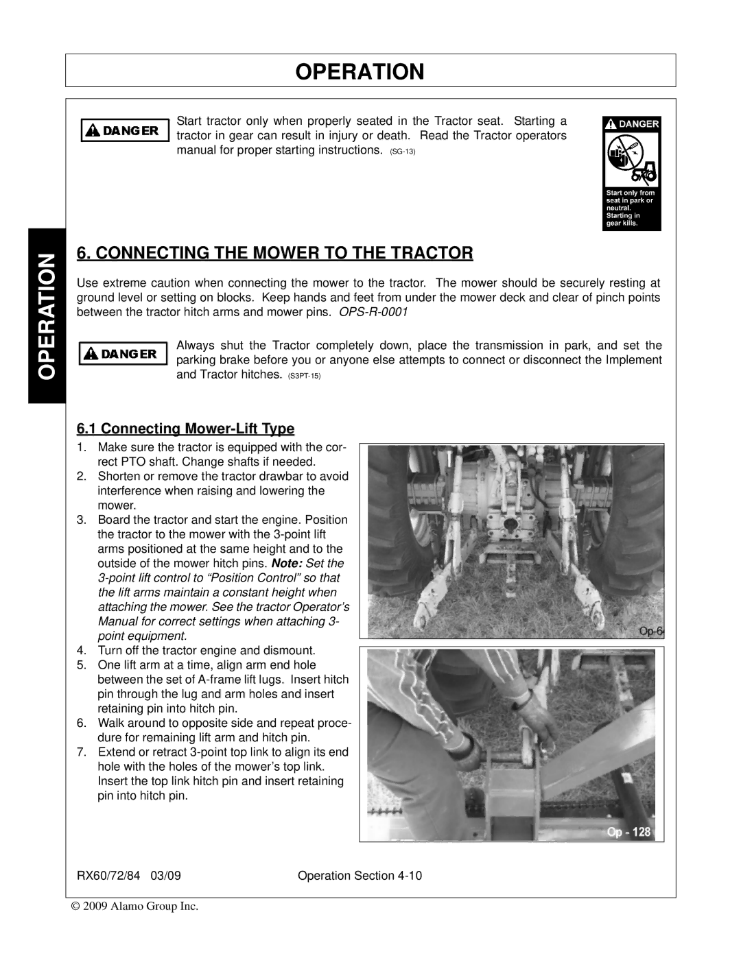 Alamo RX60, RX84, RX72, 00785503C manual Connecting the Mower to the Tractor, Connecting Mower-Lift Type 