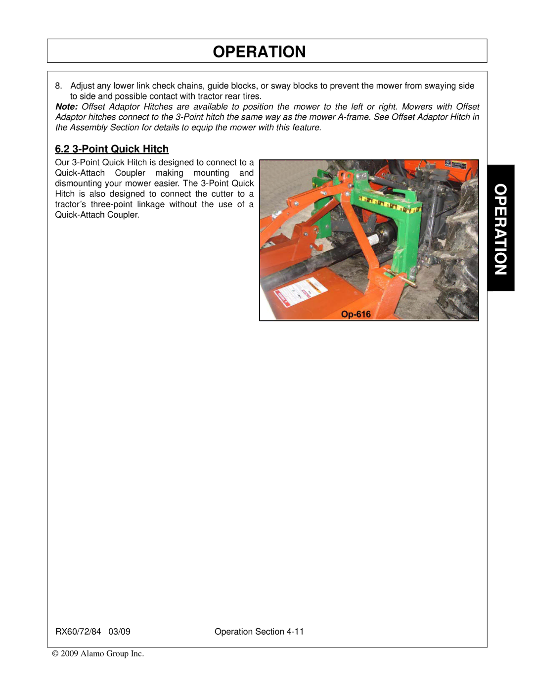 Alamo 00785503C, RX84, RX72, RX60 manual Point Quick Hitch 