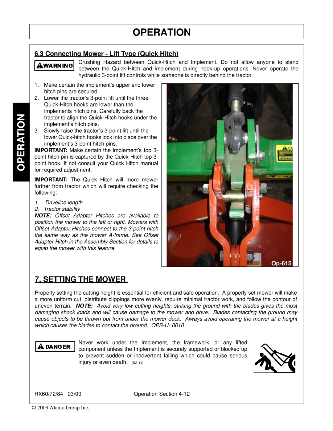 Alamo RX84, RX72, RX60, 00785503C manual Setting the Mower, Connecting Mower Lift Type Quick Hitch 