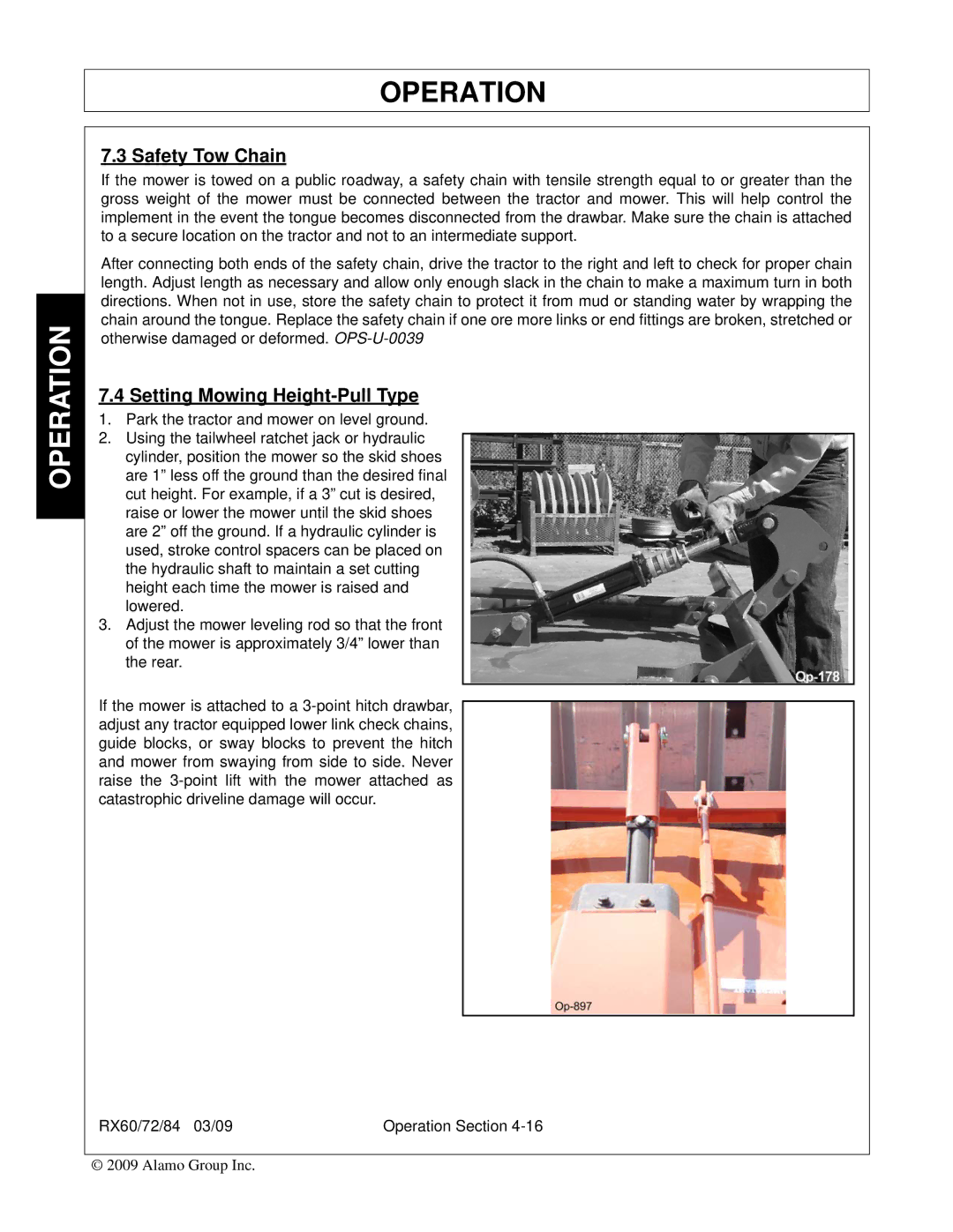 Alamo RX84, RX72, RX60, 00785503C manual Safety Tow Chain, Setting Mowing Height-Pull Type 