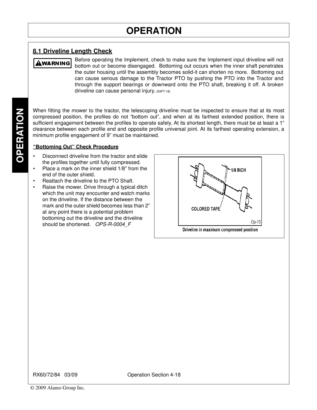 Alamo RX60, RX84, RX72, 00785503C manual Driveline Length Check, Bottoming Out Check Procedure 