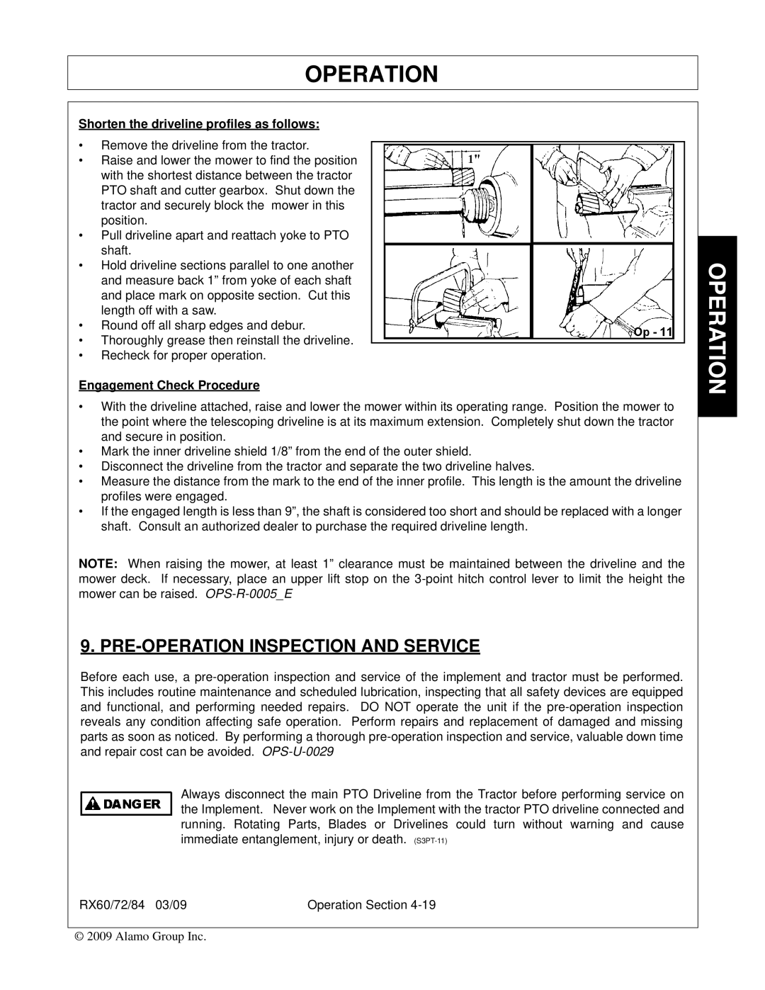 Alamo 00785503C, RX84, RX72, RX60 manual PRE-OPERATION Inspection and Service, Shorten the driveline profiles as follows 