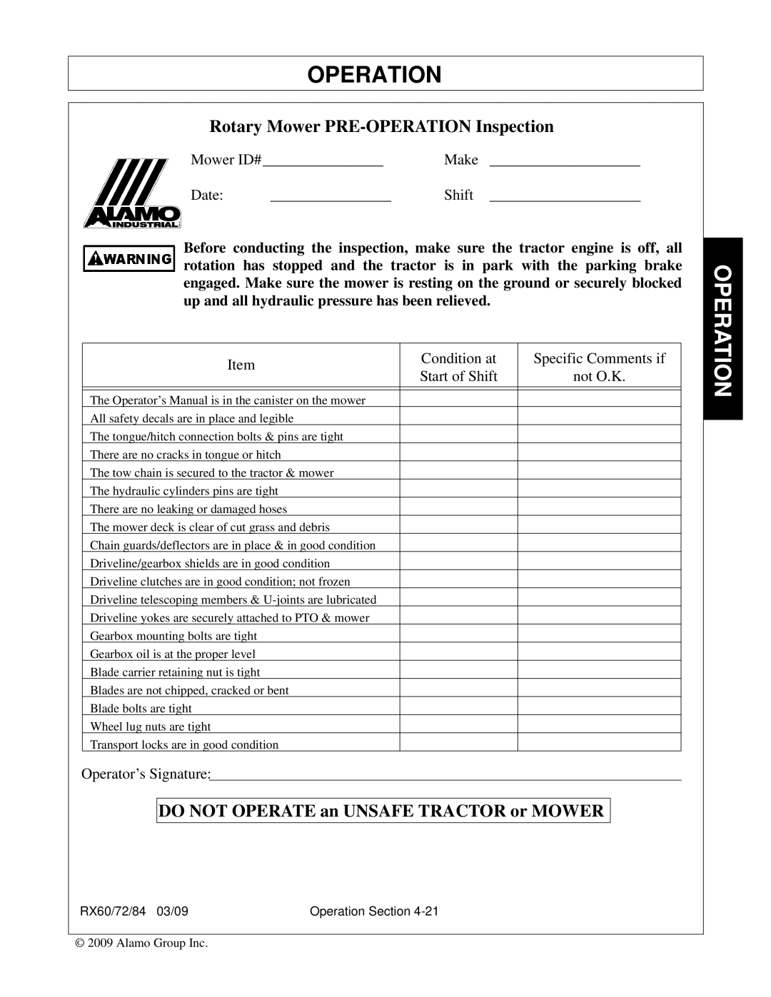 Alamo RX72, RX84, RX60, 00785503C manual Do not Operate an Unsafe Tractor or Mower 