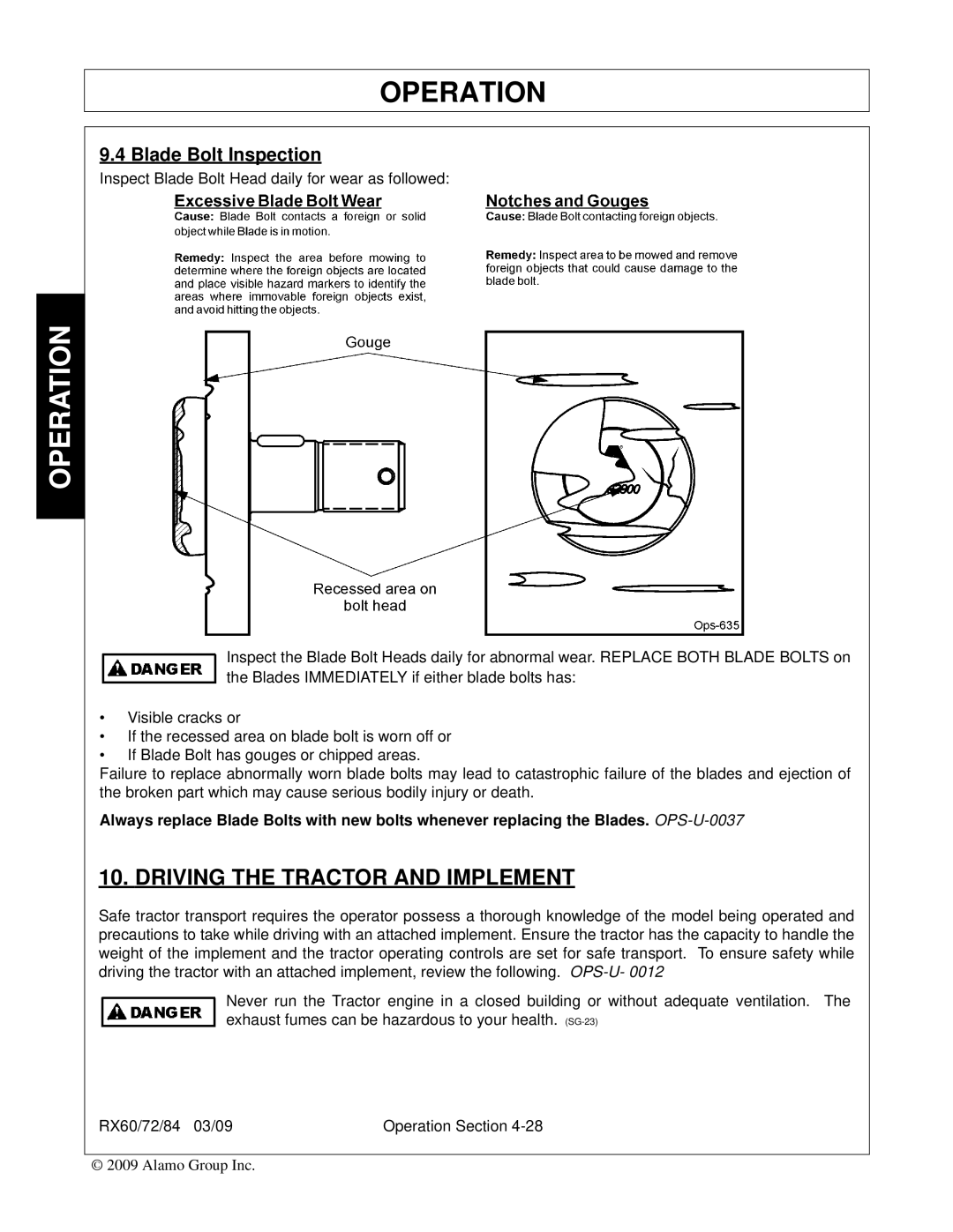 Alamo RX84, RX72, RX60, 00785503C manual Driving the Tractor and Implement, Blade Bolt Inspection 