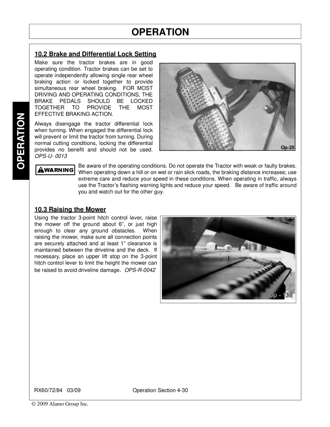 Alamo RX60, RX84, RX72, 00785503C manual Brake and Differential Lock Setting, Raising the Mower 