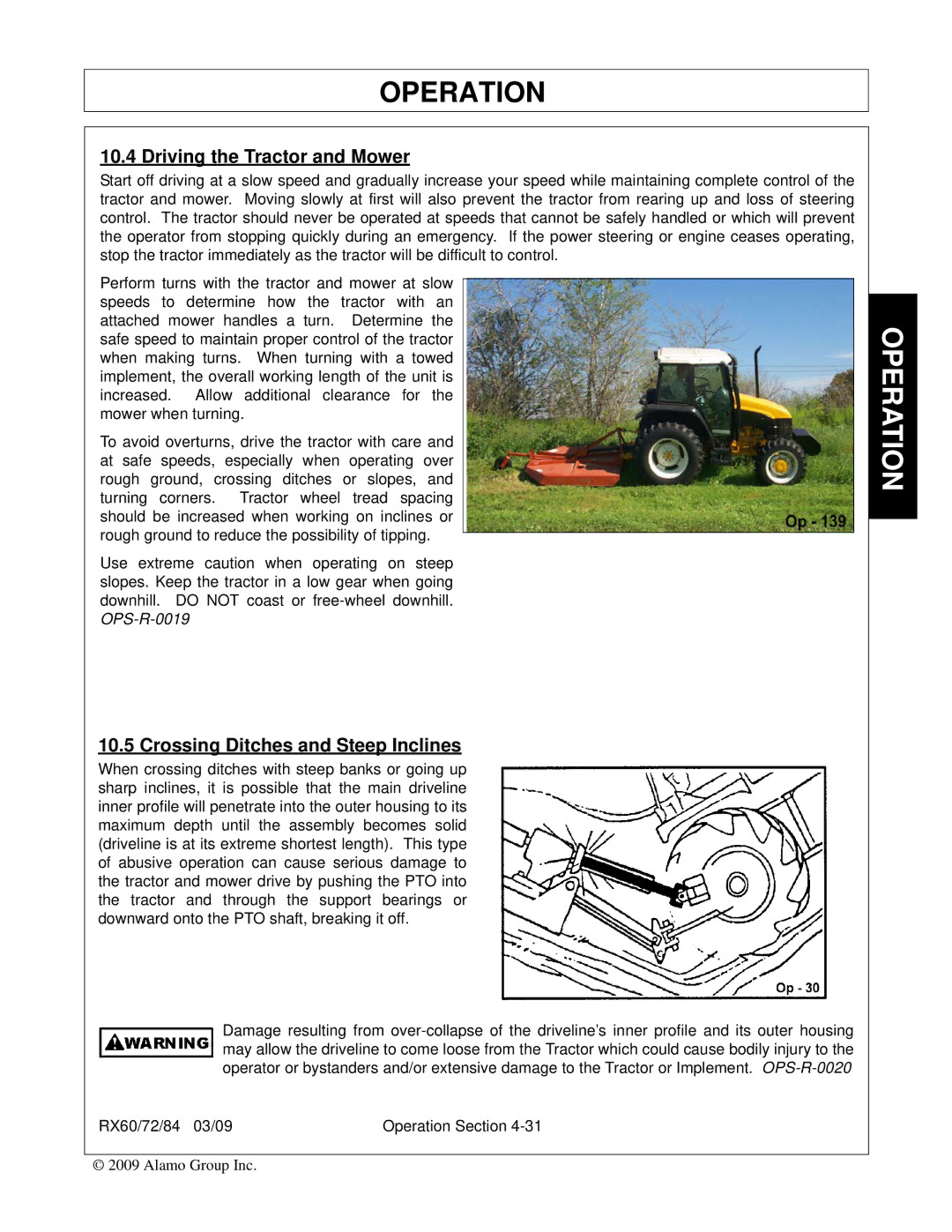 Alamo 00785503C, RX84, RX72, RX60 manual Driving the Tractor and Mower, Crossing Ditches and Steep Inclines 