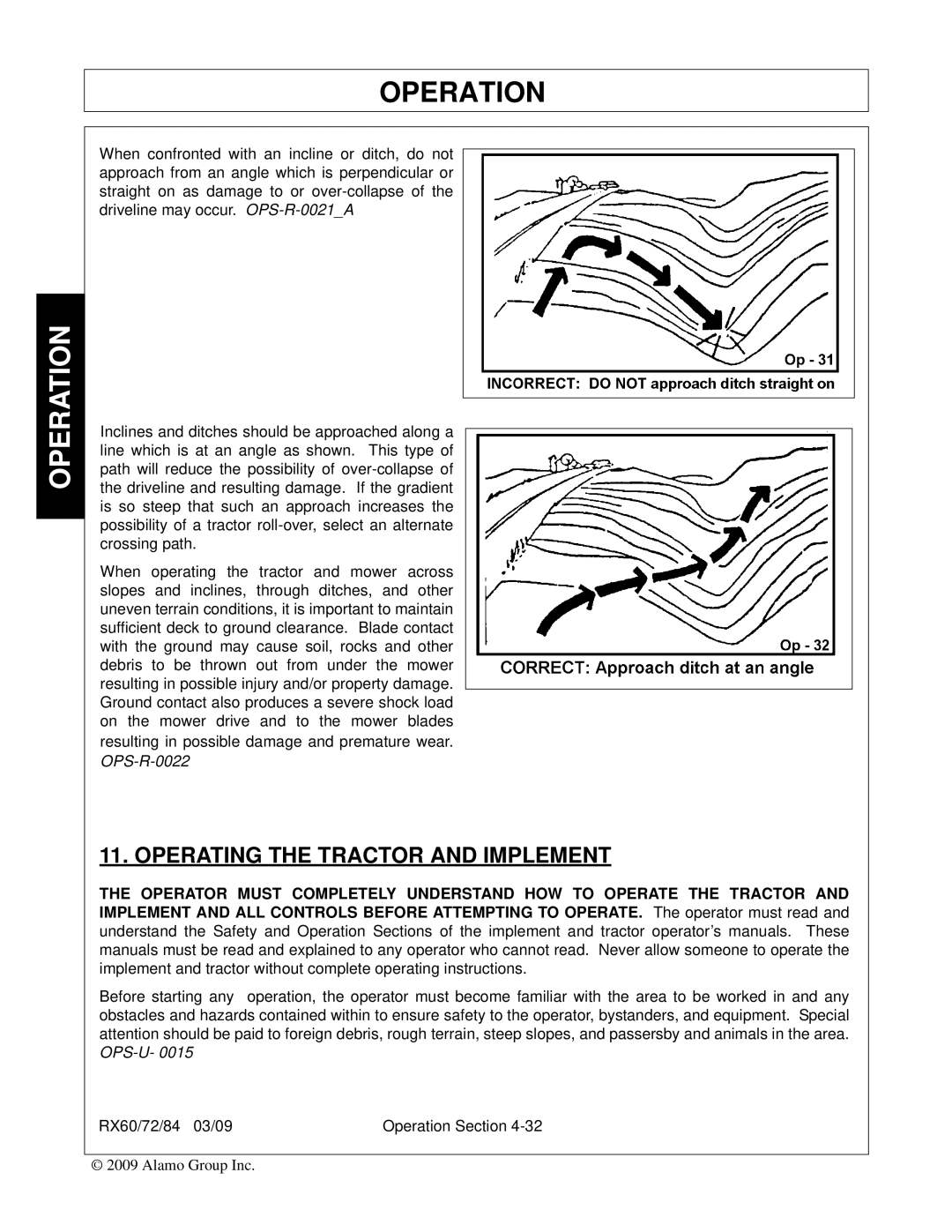 Alamo RX84, RX72, RX60, 00785503C manual Operating the Tractor and Implement 