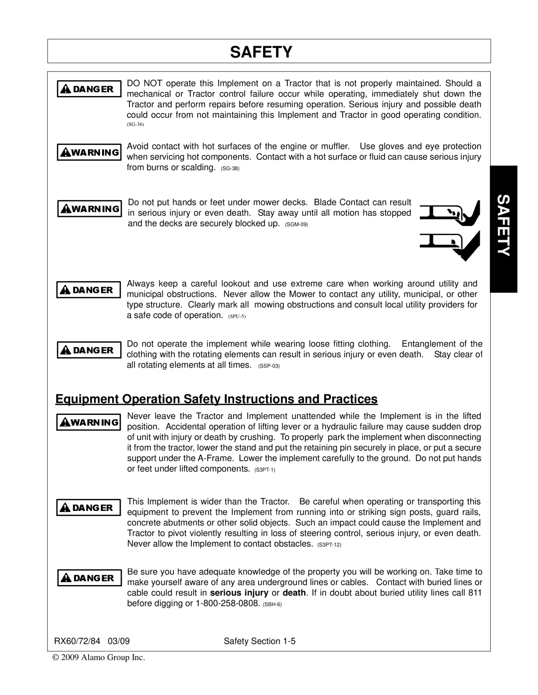 Alamo RX72, RX84, RX60, 00785503C manual Equipment Operation Safety Instructions and Practices 