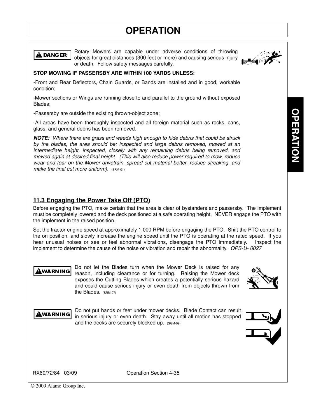 Alamo 00785503C, RX84, RX72, RX60 manual Engaging the Power Take Off PTO 