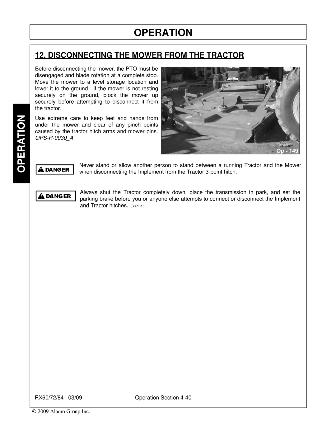 Alamo RX84, RX72, RX60, 00785503C manual Disconnecting the Mower from the Tractor 