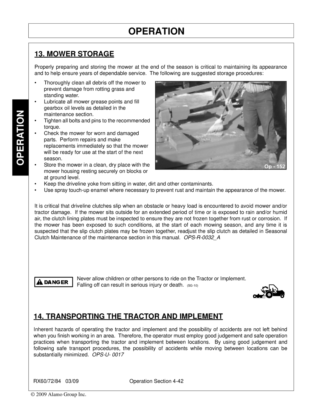 Alamo RX60, RX84, RX72, 00785503C manual Mower Storage, Transporting the Tractor and Implement 