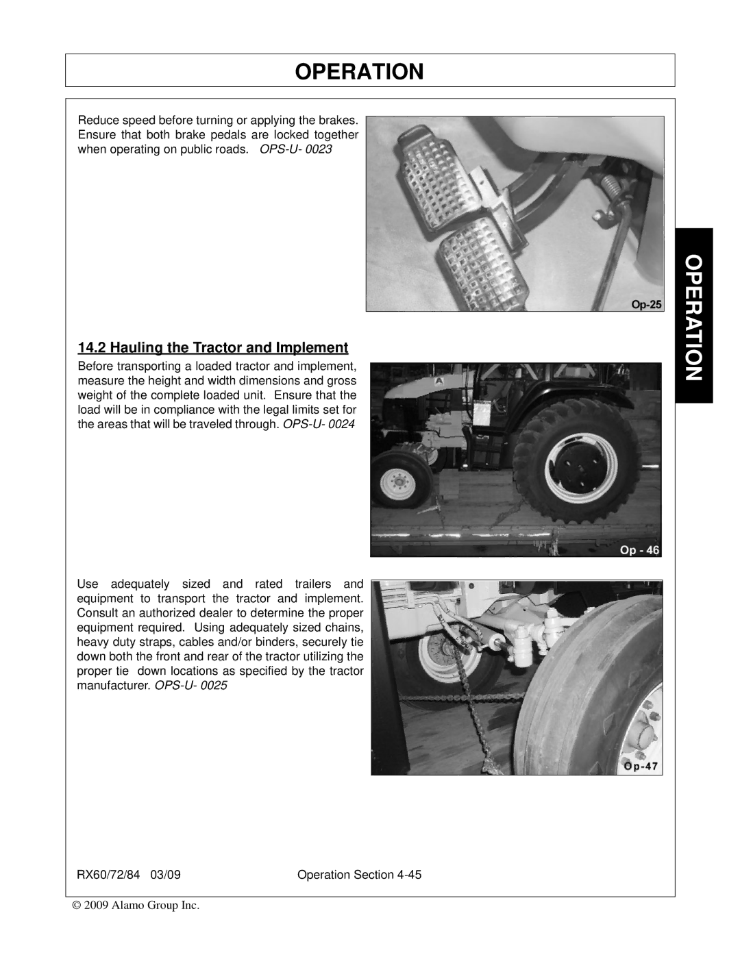 Alamo RX72, RX84, RX60, 00785503C manual Hauling the Tractor and Implement 