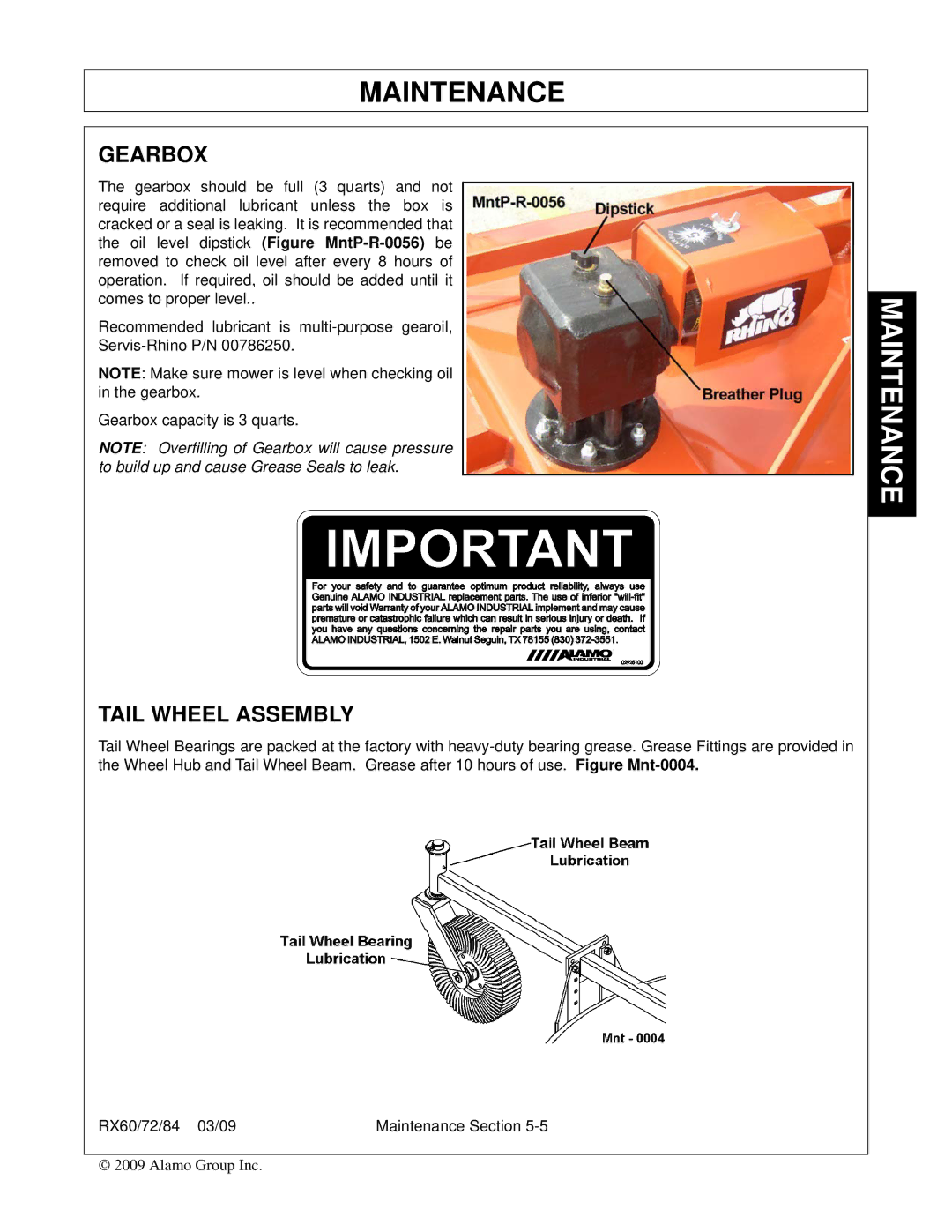 Alamo RX72, RX84, RX60, 00785503C manual Gearbox, Tail Wheel Assembly 