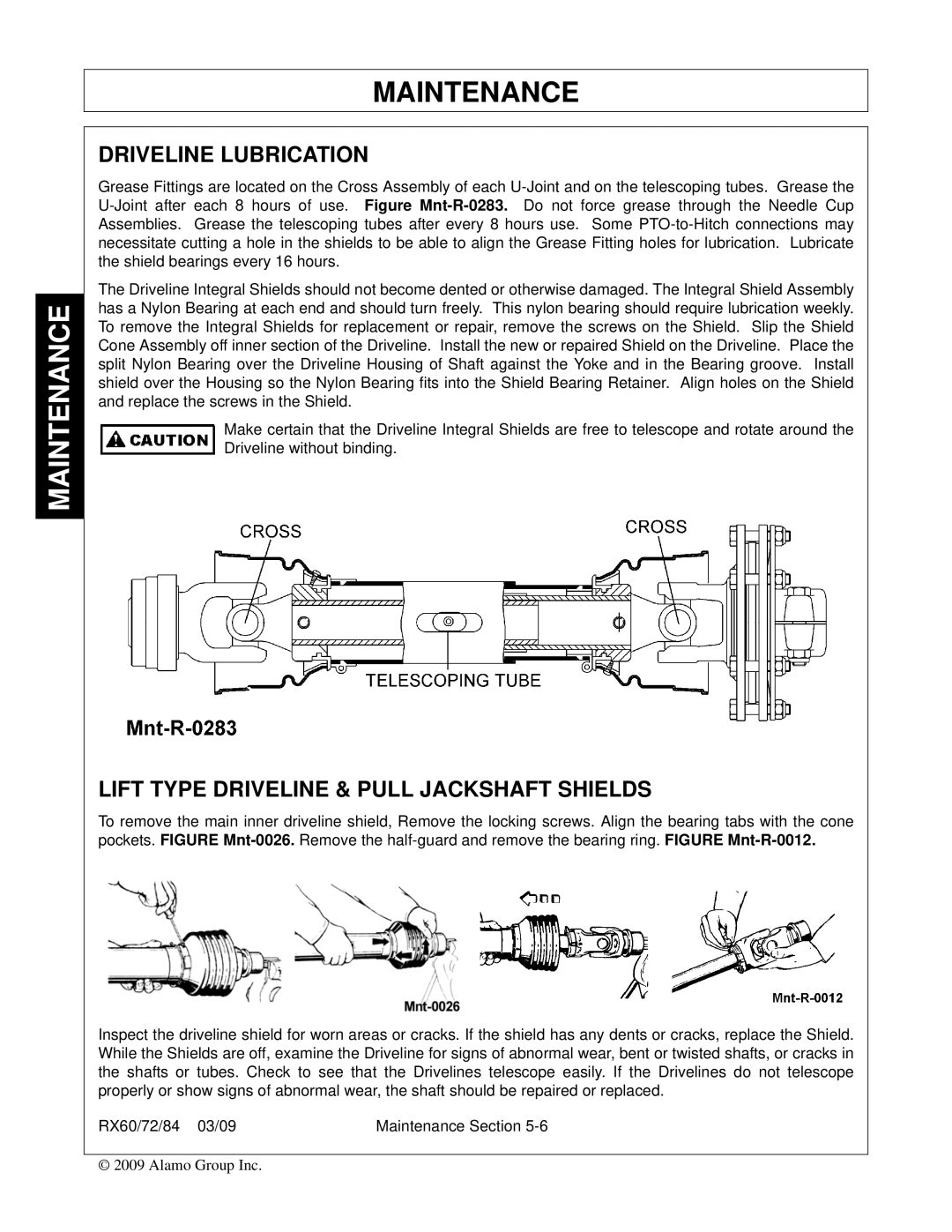 Alamo RX60, RX84, RX72, 00785503C manual Driveline Lubrication, Lift Type Driveline & Pull Jackshaft Shields 